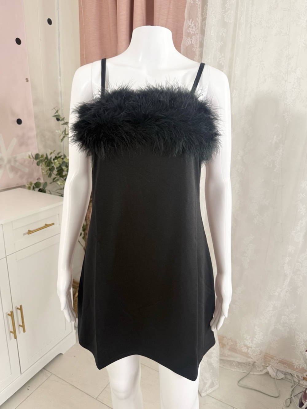 Sugar thrillz Black Marabou-Trim Slip Dress Bin#5